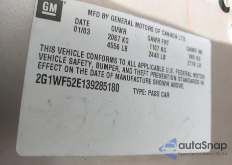 2003 Chevrolet Impala from USA, damaged, VIN 2G1WF52E139285180